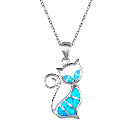 Collier Opale Chat Argent 925 - Collier pendentif chat