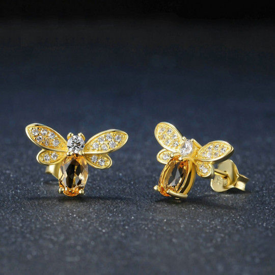 Boucles d'Oreille Abeille Plaqué Or 14K - Abeille Citrine