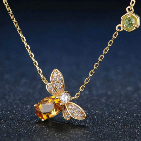 Collier Abeille Plaqué Or 14K - Pendentif Abeille Citrine